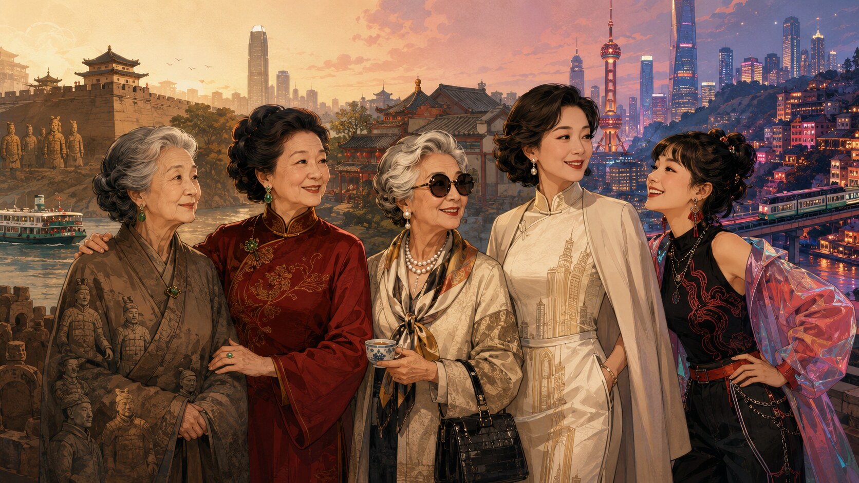 Five women personifying Xi’an, Beijing, Hong Kong, Shanghai, and Chongqing across China’s urban story