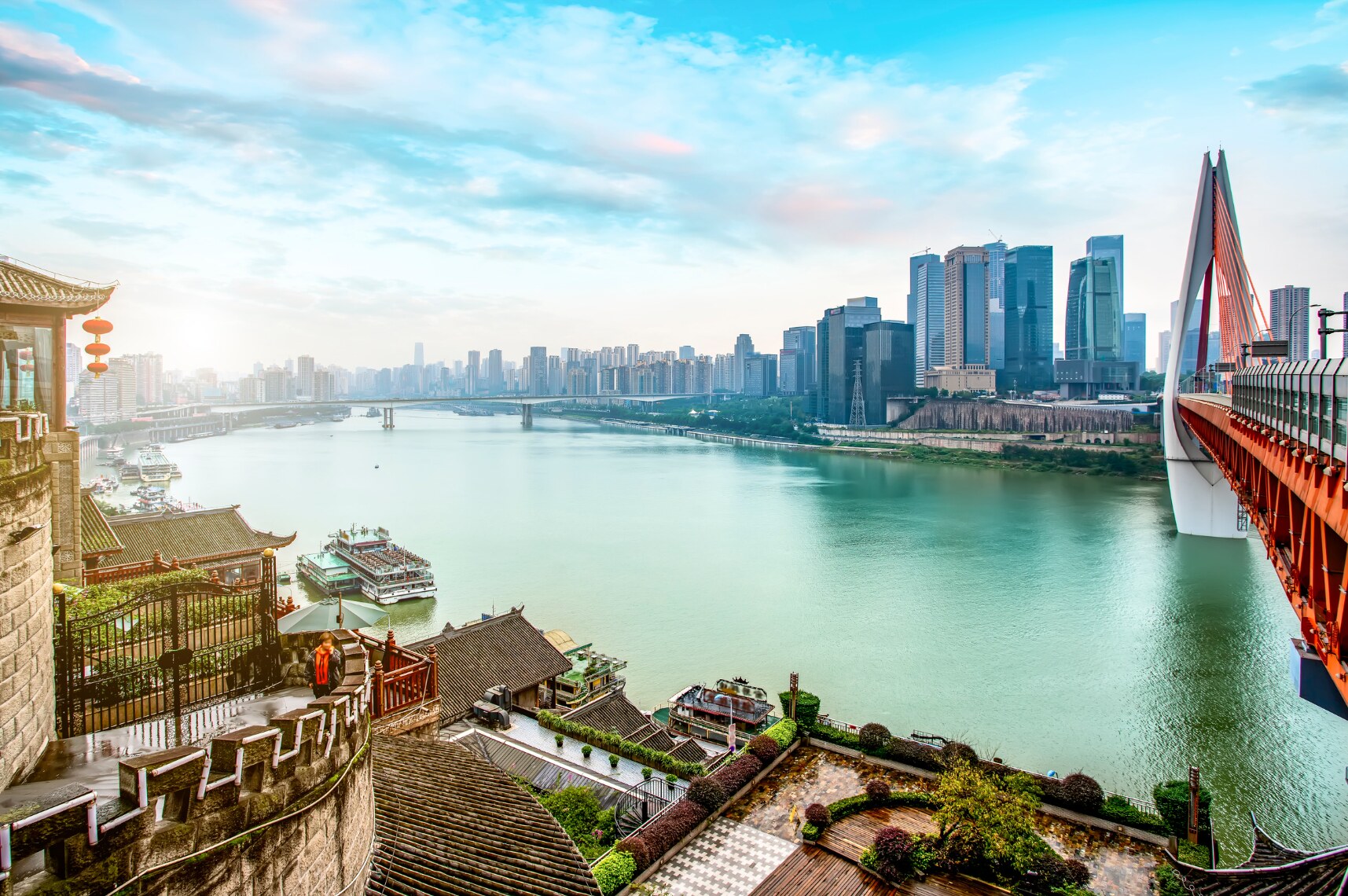 The Yangtze River and Chongqing skyline viewed from the historic riverfront